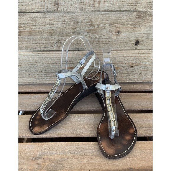 TORY BURCH Alani Chain Link T-Strap Wedge Silver Leather Sandals Size 7 M - Picture 1 of 9